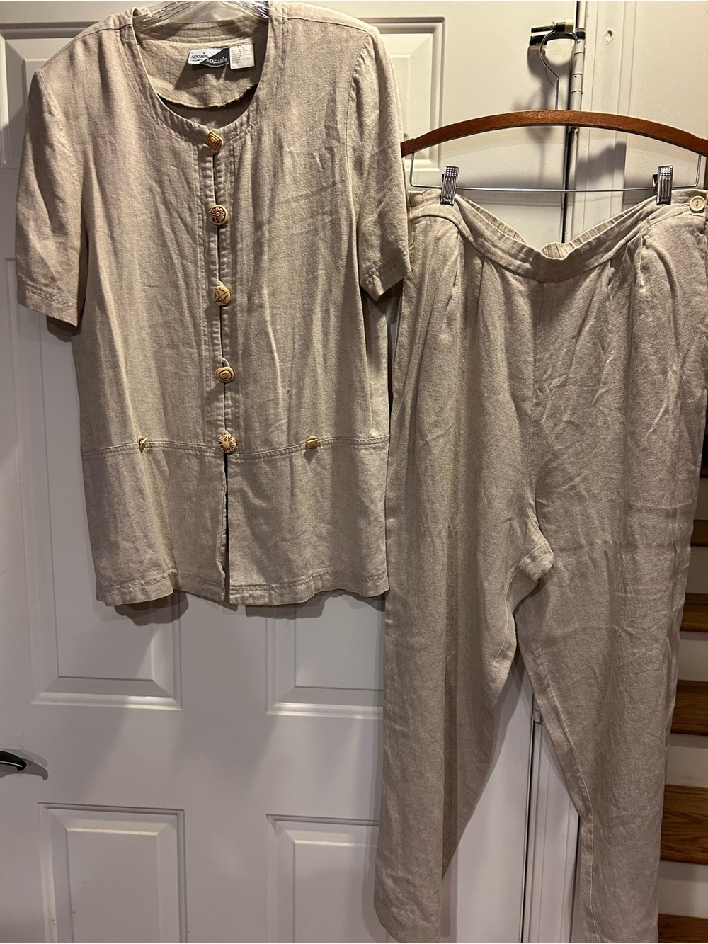 Light Beige Women's Linen Blend Button-Front Top & Pants Set